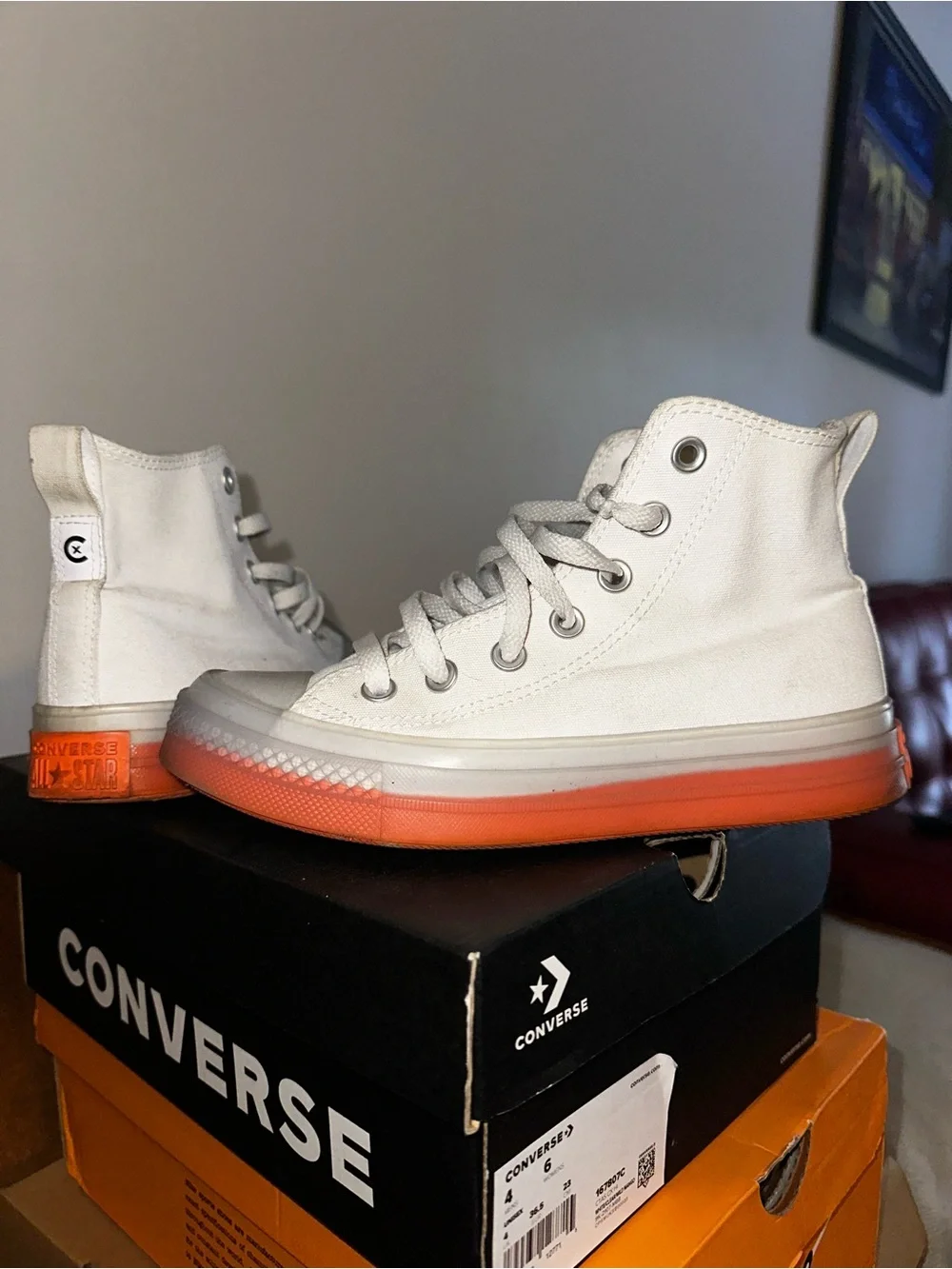 White High-Top Converse with Orange Gradient Sole